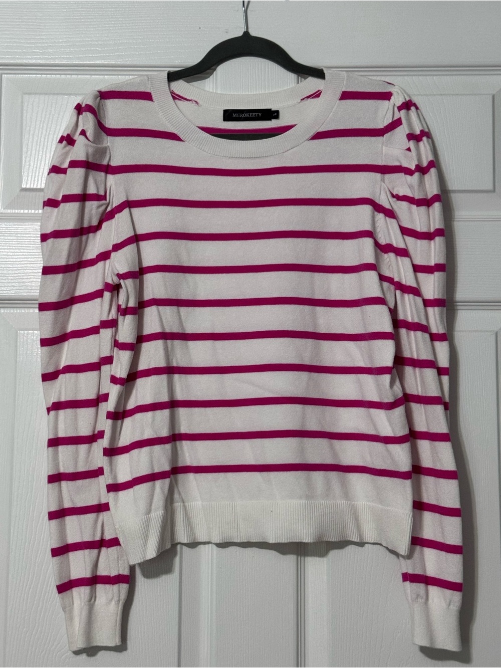 Madewell Cream & Fuchsia Striped Puff-Sleeve Crewneck Sweater